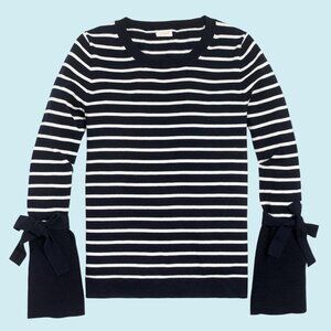 J.Crew Sweater Women's Small Navy White Cotton Striped Bow Tie Bell Sleeves
